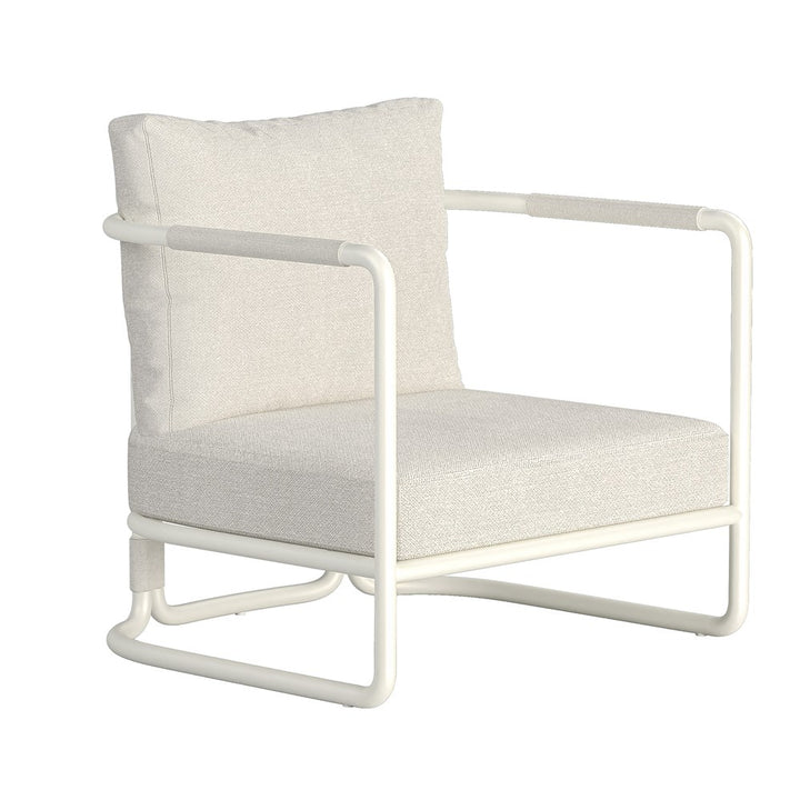 Cream-colored Fiore outdoor arm chair with cushioned seat and armrests, perfect for outdoor patio or garden seating.