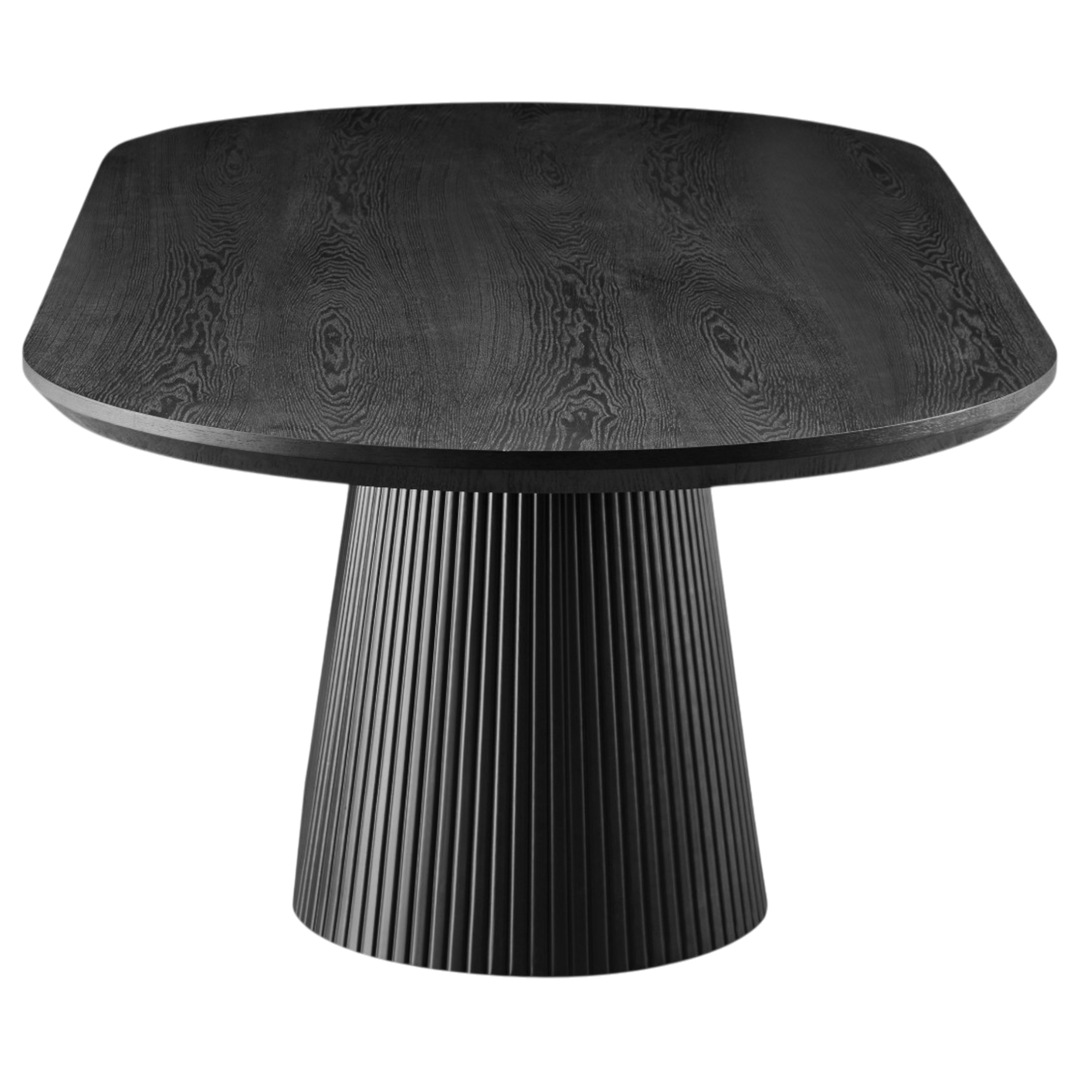 Borelli oval dining table in a modern dining room setting, showcasing its sleek wooden surface and sturdy legs.