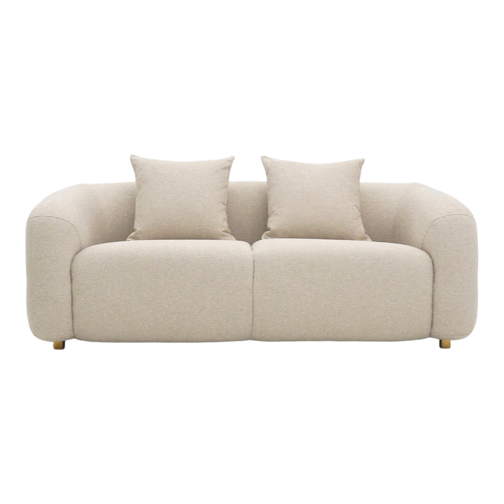 Petra 2 Seater Sofa in neutral fabric with plush cushions and wooden legs, ideal for modern living room seating.