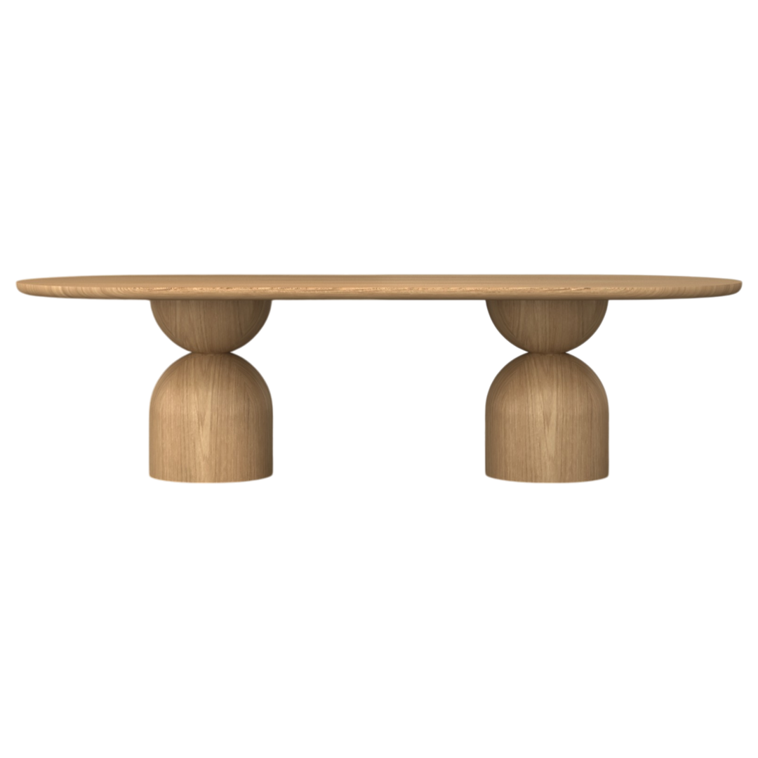 Oval oak dining table with a tulip shape, 2.8 meters long, showcasing smooth wood grain and sturdy legs for elegant dining spaces.