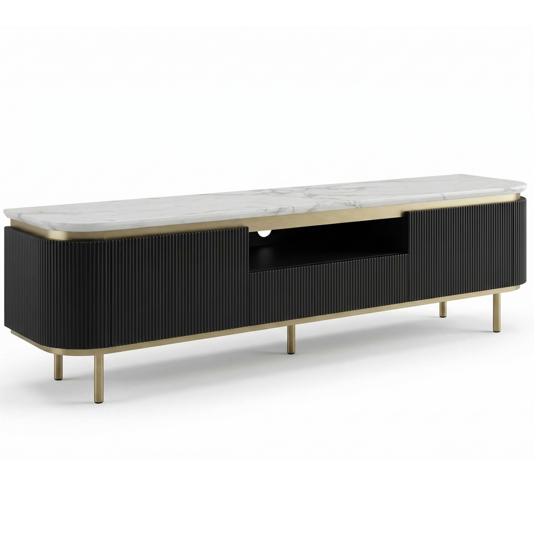 Modern Siciliano entertainment unit with open shelving and closed cabinets, showcasing stylish wood finish and sleek design.