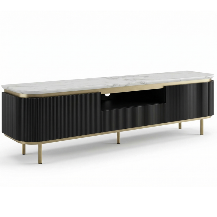 Modern Siciliano entertainment unit with open shelving and closed cabinets, showcasing stylish wood finish and sleek design.