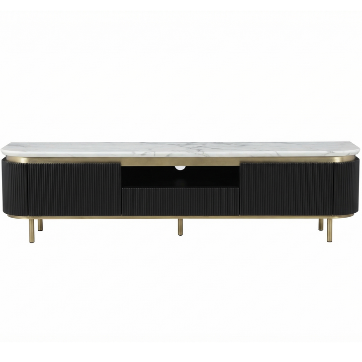 Modern Siciliano Entertainment Unit with sleek wood finish, featuring open shelves and storage compartments for media devices.