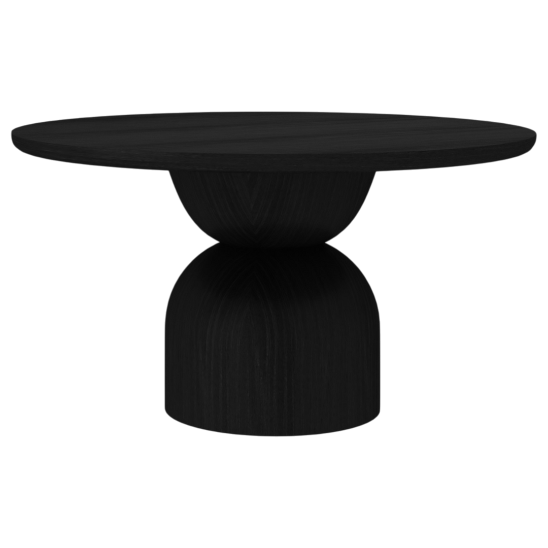 Black Tulip Round Dining Table, 1.6m, showcasing smooth surface and sturdy base in side view.