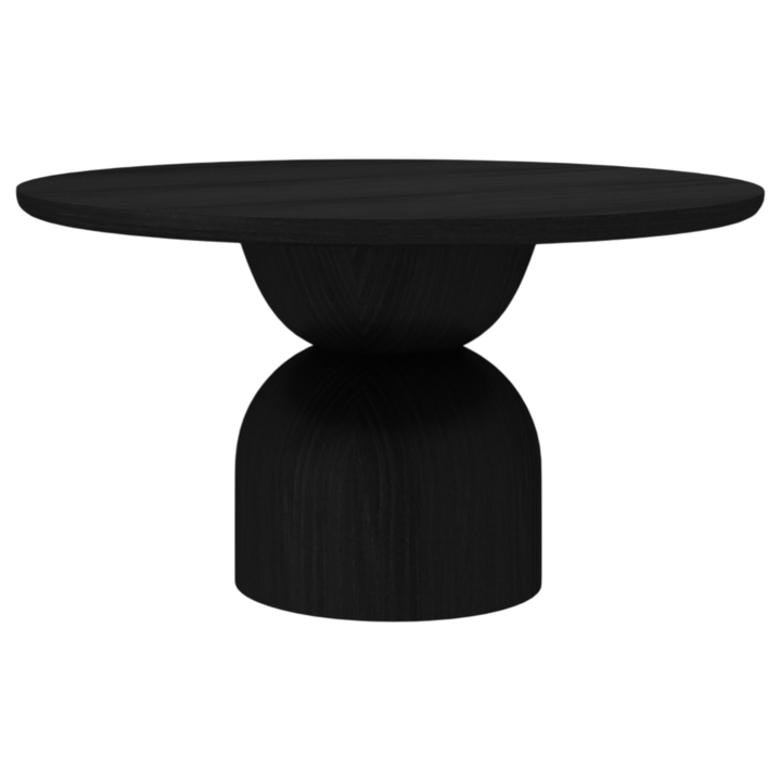 Black Tulip Round Dining Table, 1.6m, showcasing smooth surface and sturdy base in side view.