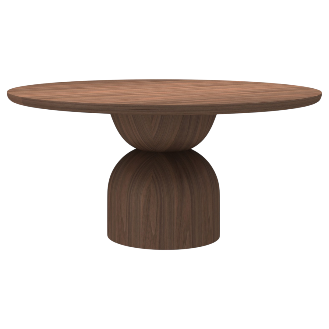 Walnut Tulip Round Dining Table with 1.6m diameter, side view showing smooth wooden surface and modern design.