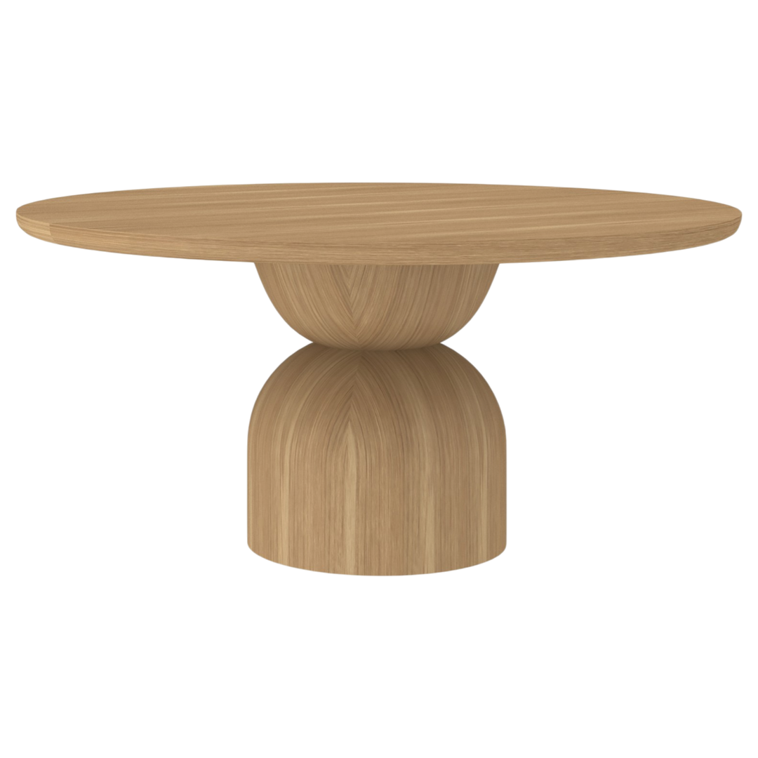 Side view of a Tulip Round Oak Dining Table, 1.6 meters in diameter, showcasing its smooth, natural wood finish and elegant design.