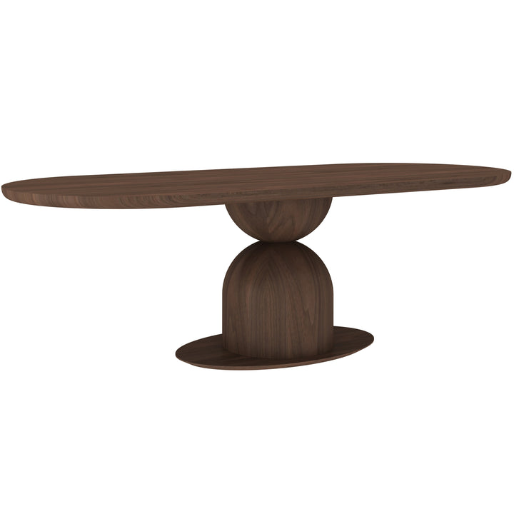 Side view of a walnut Tulip Oval Dining Table, 2.4 meters long, showcasing its sleek design and smooth oval surface.