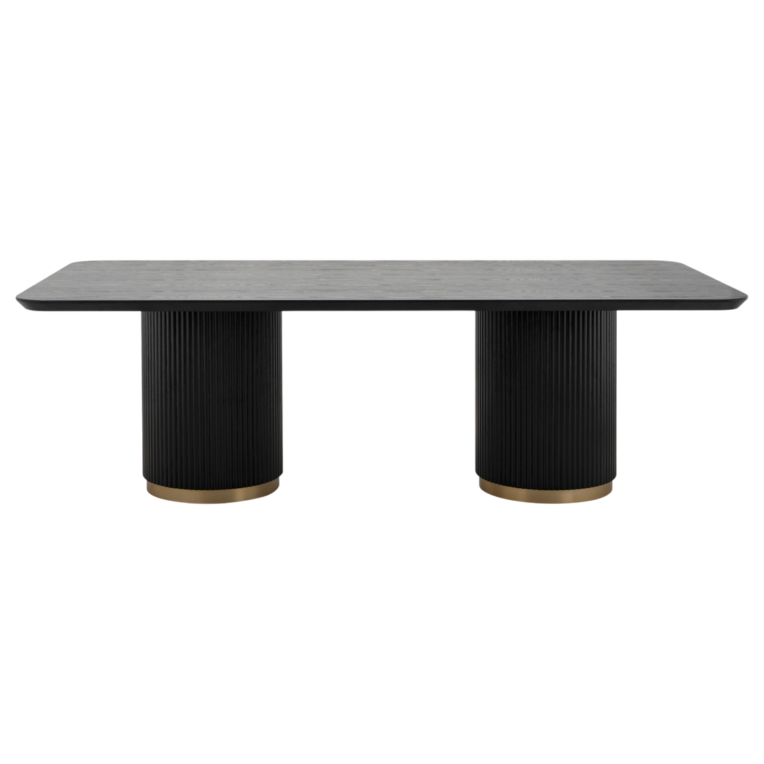 Large wooden Mirabella dining table, 2.4 meters long, perfect for family meals and gatherings in a modern dining room setting.