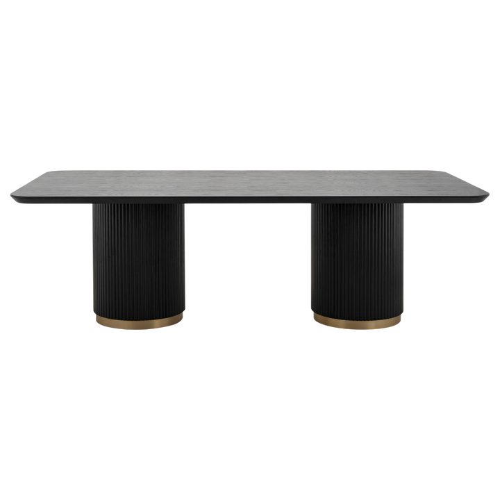 Large wooden Mirabella dining table, 2.4 meters long, perfect for family meals and gatherings in a modern dining room setting.