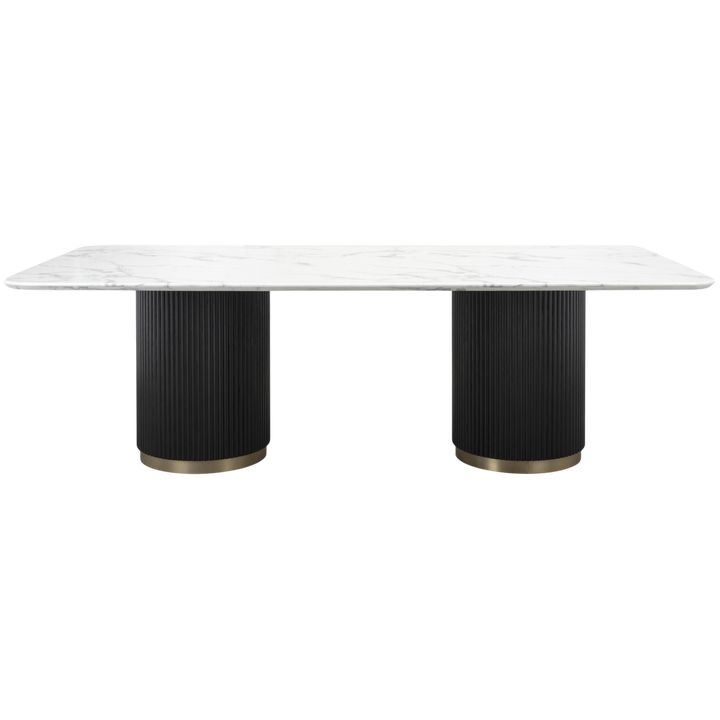 Large Mariella dining table, 2.4 meters long, made of wood with a sleek modern design, suitable for family and dinner parties.