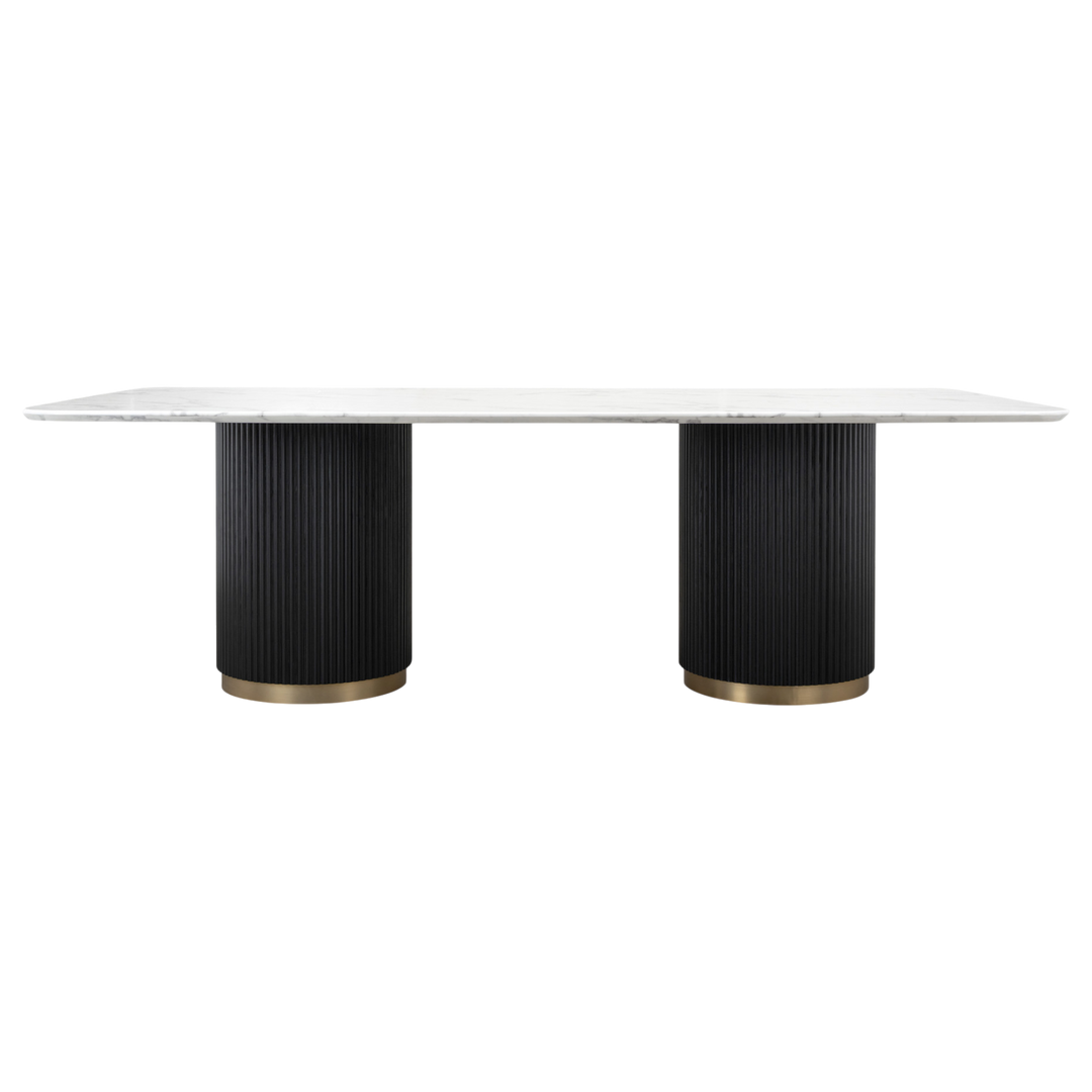 Mariella dining table, 2.4 meters long, with a sleek wooden top and sturdy legs, ideal for large dining rooms.