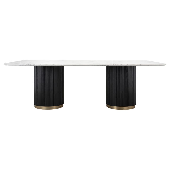 Mariella dining table, 2.4 meters long, with a sleek wooden top and sturdy legs, ideal for large dining rooms.