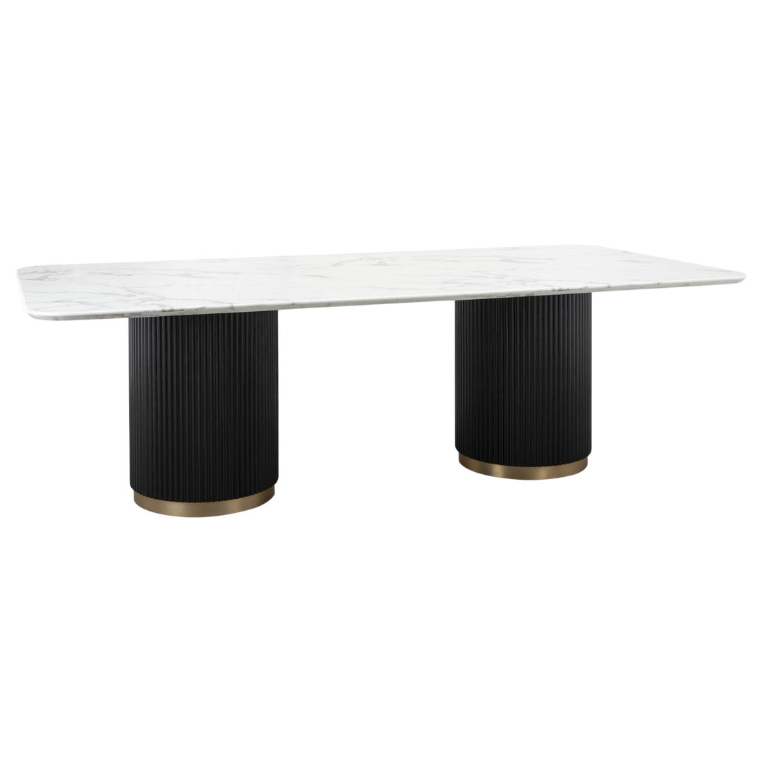 Large Mariella dining table, 2.4 meters long, with a sleek wooden surface and sturdy legs, perfect for family gatherings.