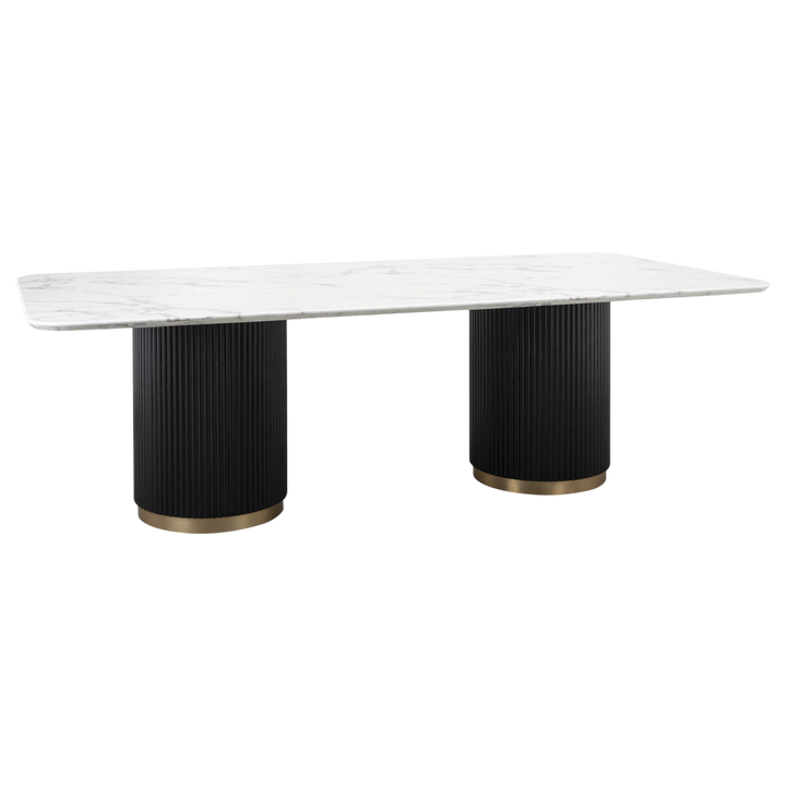 Large Mariella dining table, 2.4 meters long, with a sleek wooden surface and sturdy legs, perfect for family gatherings.