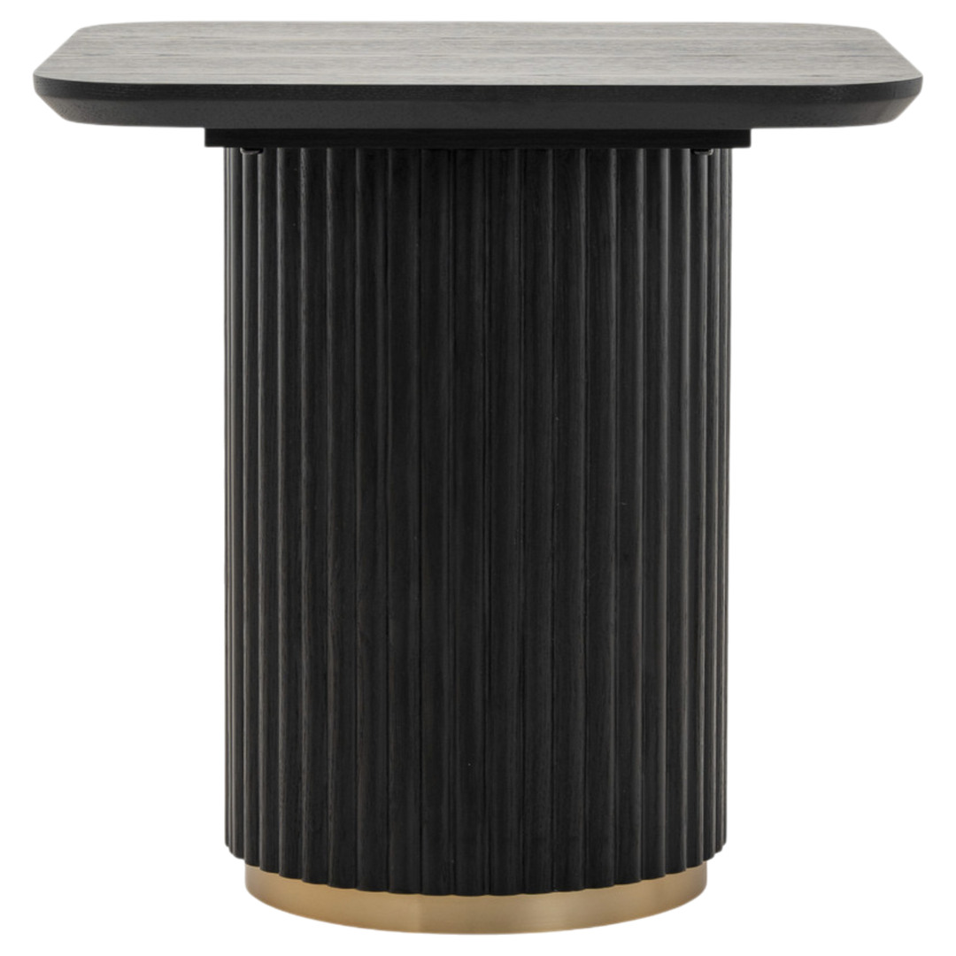 Modern Mirabella side table with a sleek design, featuring a wooden surface and metal legs for stylish bedroom or living room use.