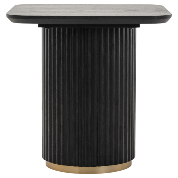 Modern Mirabella side table with a sleek design, featuring a wooden surface and metal legs for stylish bedroom or living room use.