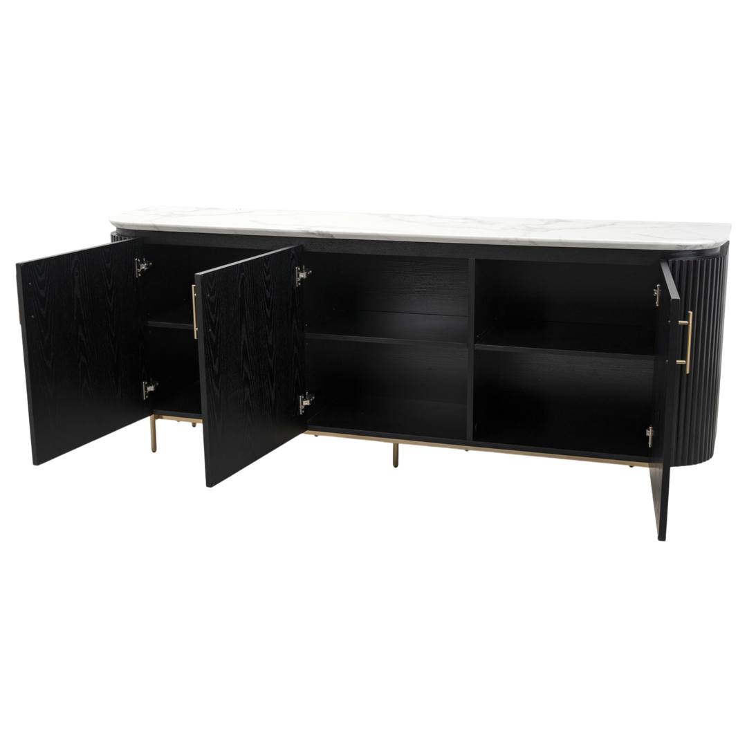 Wooden Mariella sideboard buffet with sleek drawers and cabinet doors, ideal for modern dining or living room storage.
