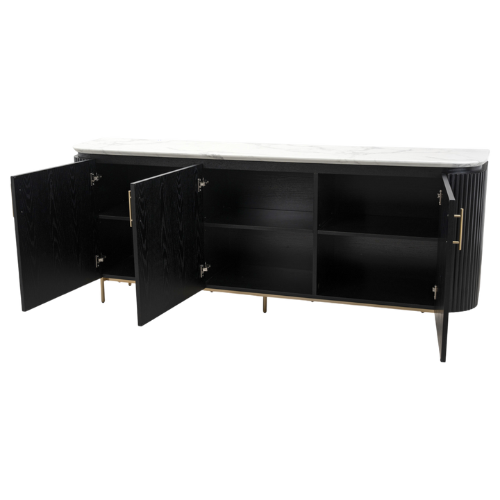 Wooden Mariella sideboard buffet with sleek drawers and cabinet doors, ideal for modern dining or living room storage.