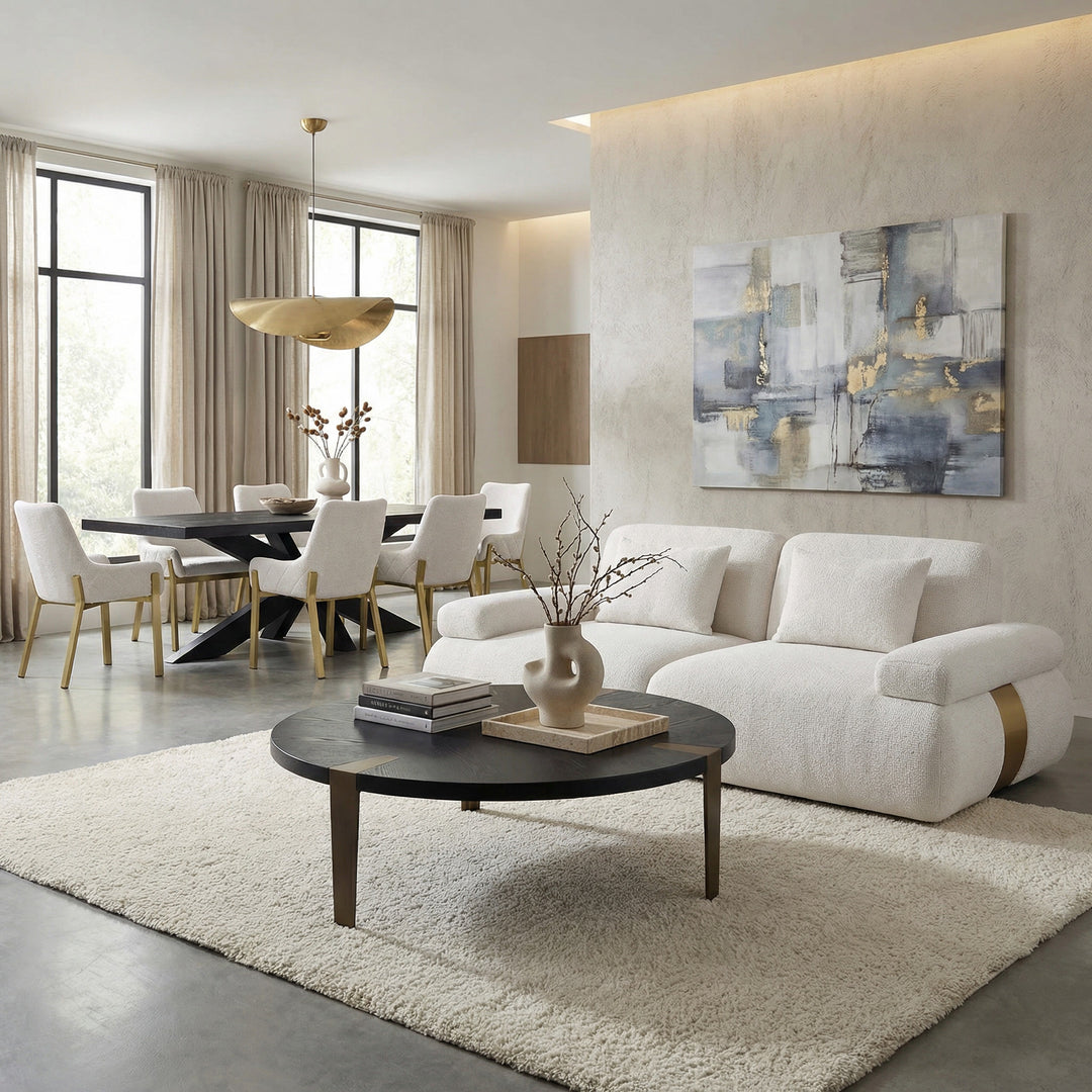 Two-seater Status sofa with dark upholstery and modern design, featuring cushioned seats and sleek armrests.