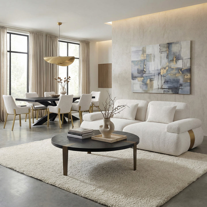 Two-seater Status sofa with dark upholstery and modern design, featuring cushioned seats and sleek armrests.