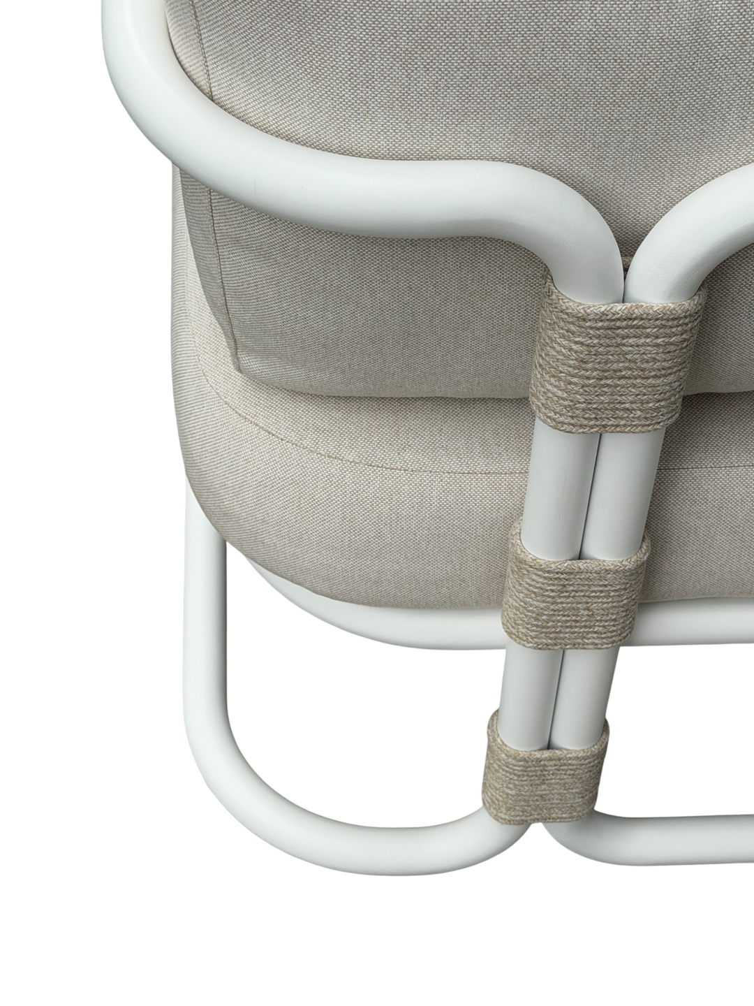 Cream-colored Fiore outdoor arm chair, stylish occasional chair with a cushioned seat and armrests, suitable for patio or garden.