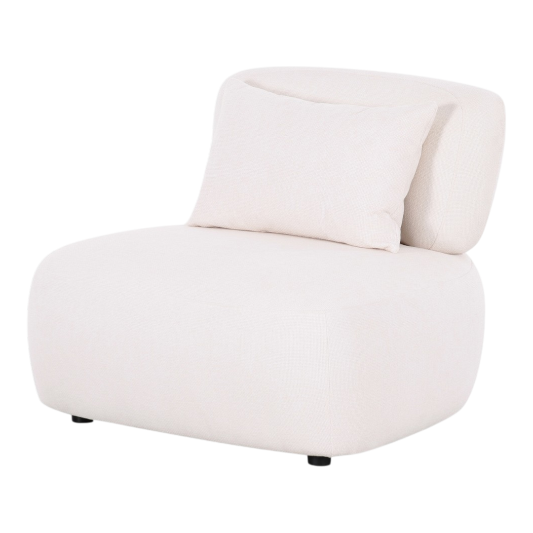 Contemporary Status Chair in neutral fabric with wooden legs, designed for stylish occasional seating in living spaces.