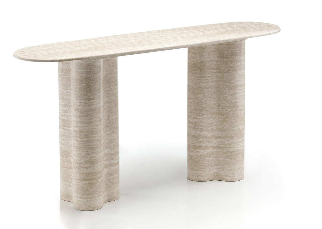 Elegant Paloma console table with sleek wooden surface and modern metal legs, ideal for entryways or living rooms.