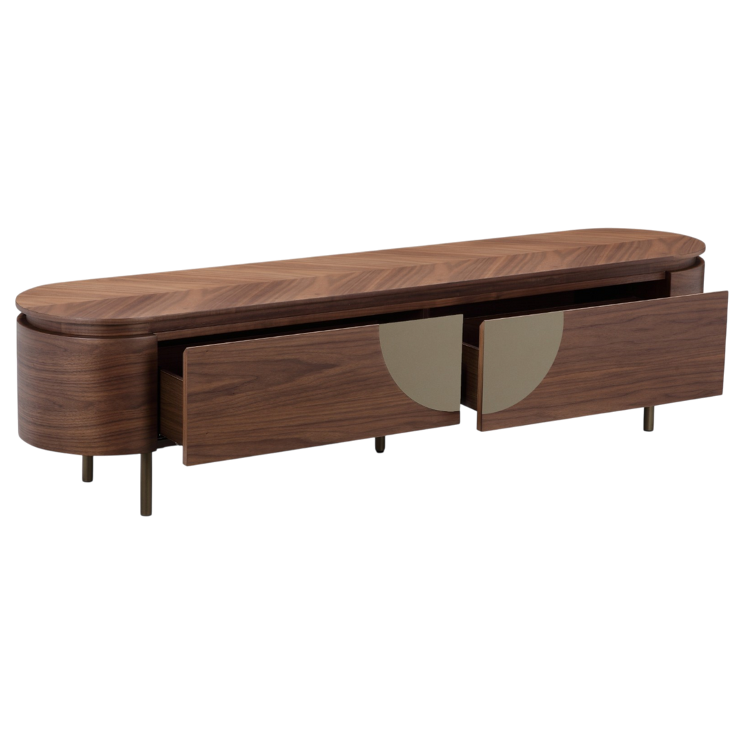 Modern Bellissama entertainment unit with open shelving and storage compartments, ideal for organizing media and electronics.