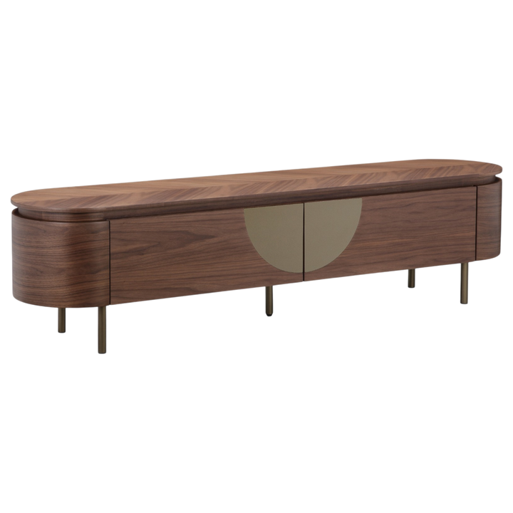 Modern Bellissama entertainment unit with open shelving and closed cabinets, ideal for organizing living room media equipment.