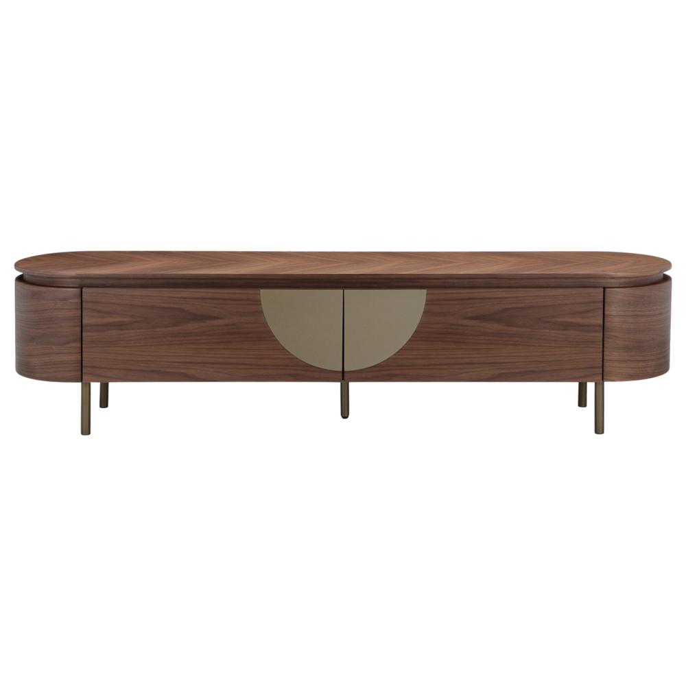 Modern Bellissama entertainment unit with open shelves and closed cabinets, designed for stylish TV and media storage.