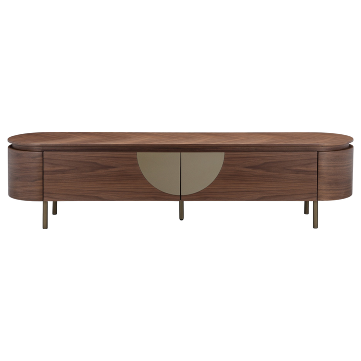 Modern Bellissama entertainment unit with open shelves and closed cabinets, designed for stylish TV and media storage.