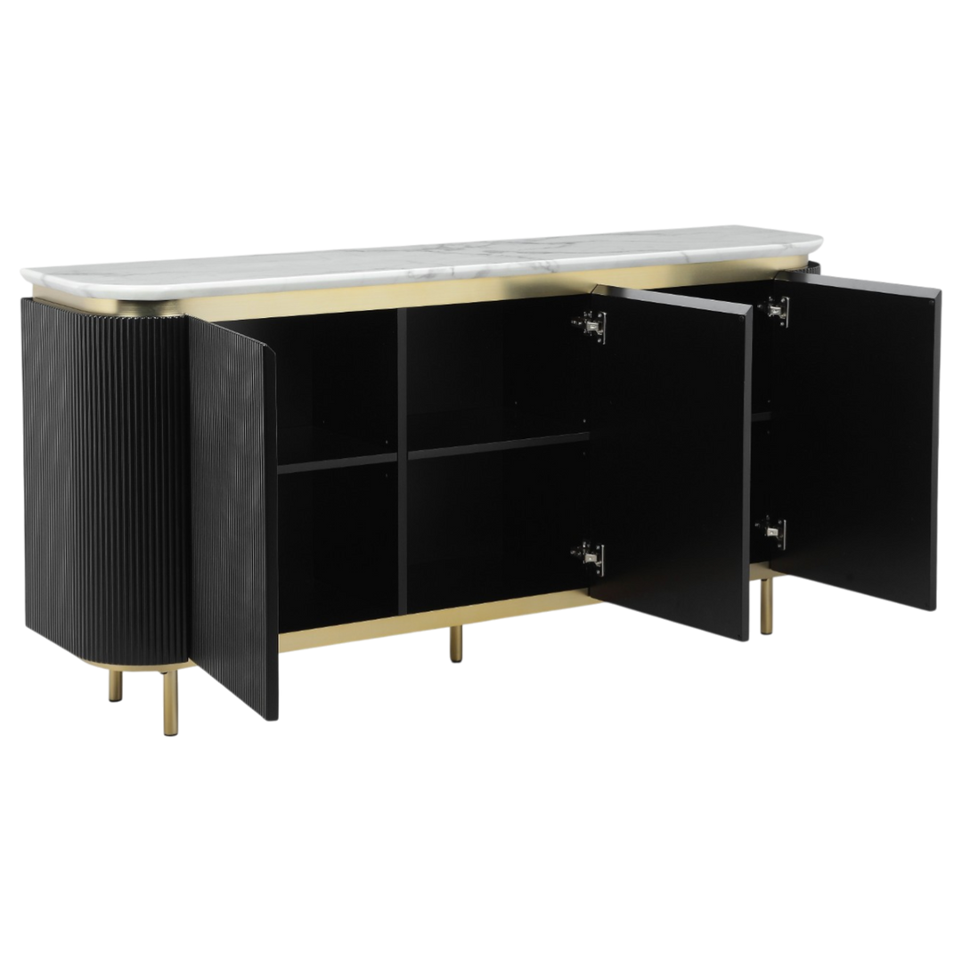 Siciliano sideboard buffet with wooden finish and sleek design, featuring multiple storage compartments and modern hardware.