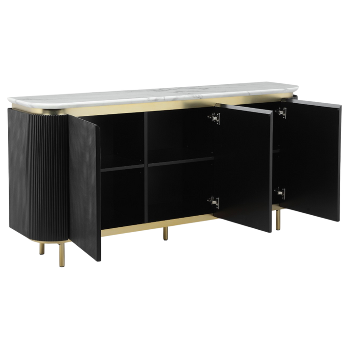 Siciliano sideboard buffet with wooden finish and sleek design, featuring multiple storage compartments and modern hardware.
