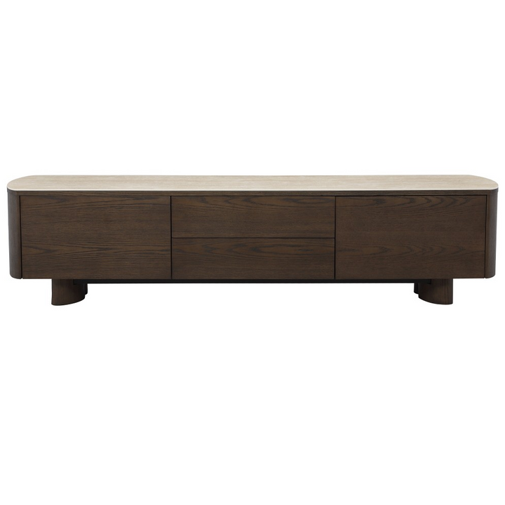 Modern Castello TV unit with sleek wood finish and open shelving for entertainment storage and media devices.