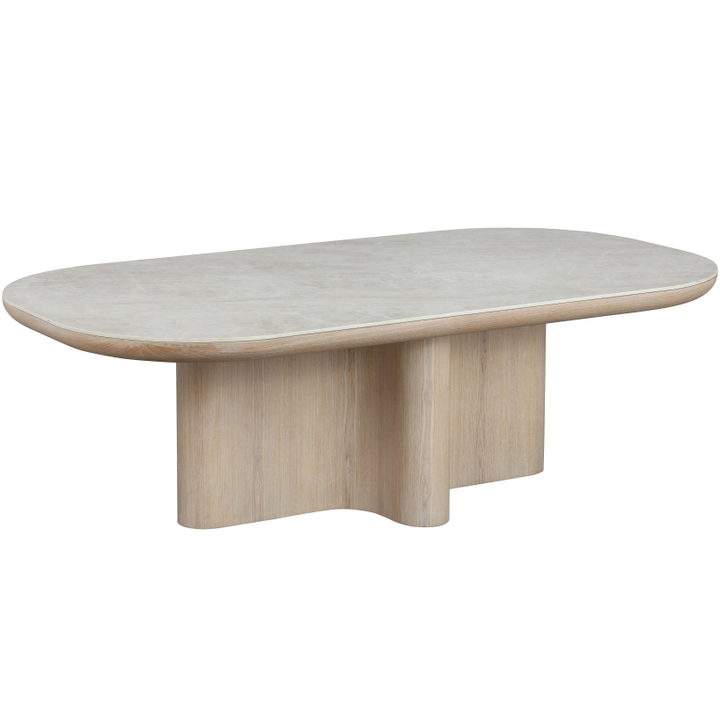 Modern Palisades coffee table with a sleek wooden top and metal legs, ideal for contemporary living room decor.
