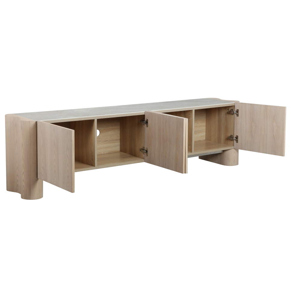 Modern Elegante TV unit with sleek wood finish and open shelving for living room entertainment storage