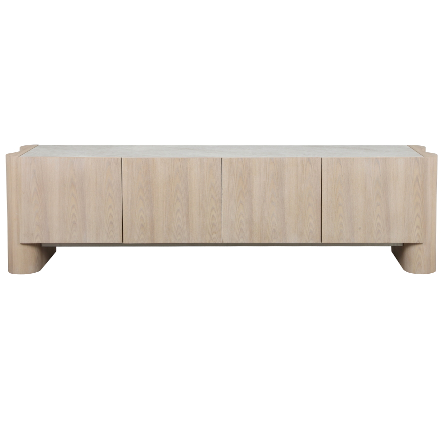 Modern Elegante TV unit with sleek wood finish and open shelving for entertainment essentials and media devices.