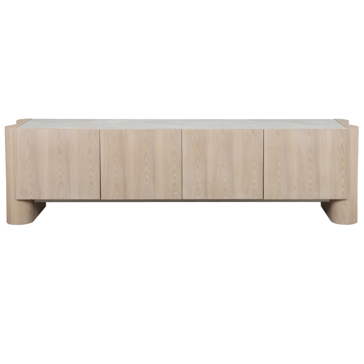 Modern Elegante TV unit with sleek wood finish and open shelving for entertainment essentials and media devices.