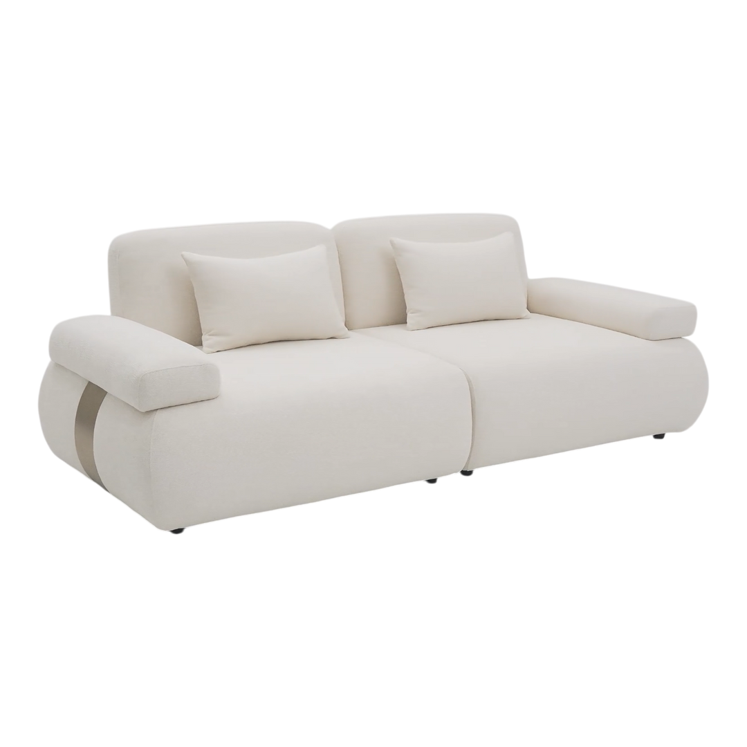 Two-seater sofa from the Status collection, modern fabric design with plush cushions and sleek wooden legs.