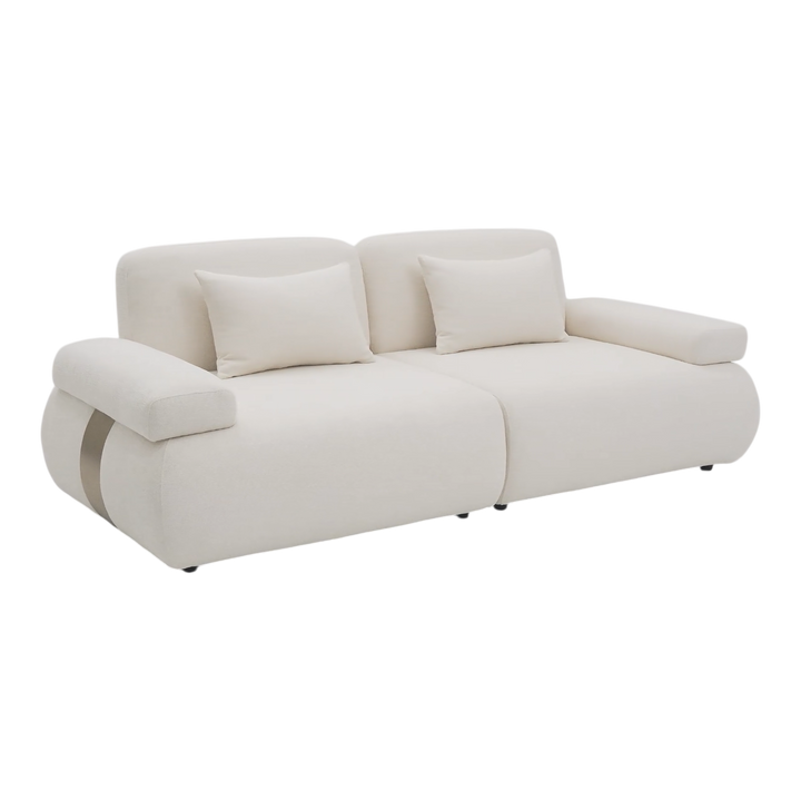 Two-seater sofa from the Status collection, modern fabric design with plush cushions and sleek wooden legs.