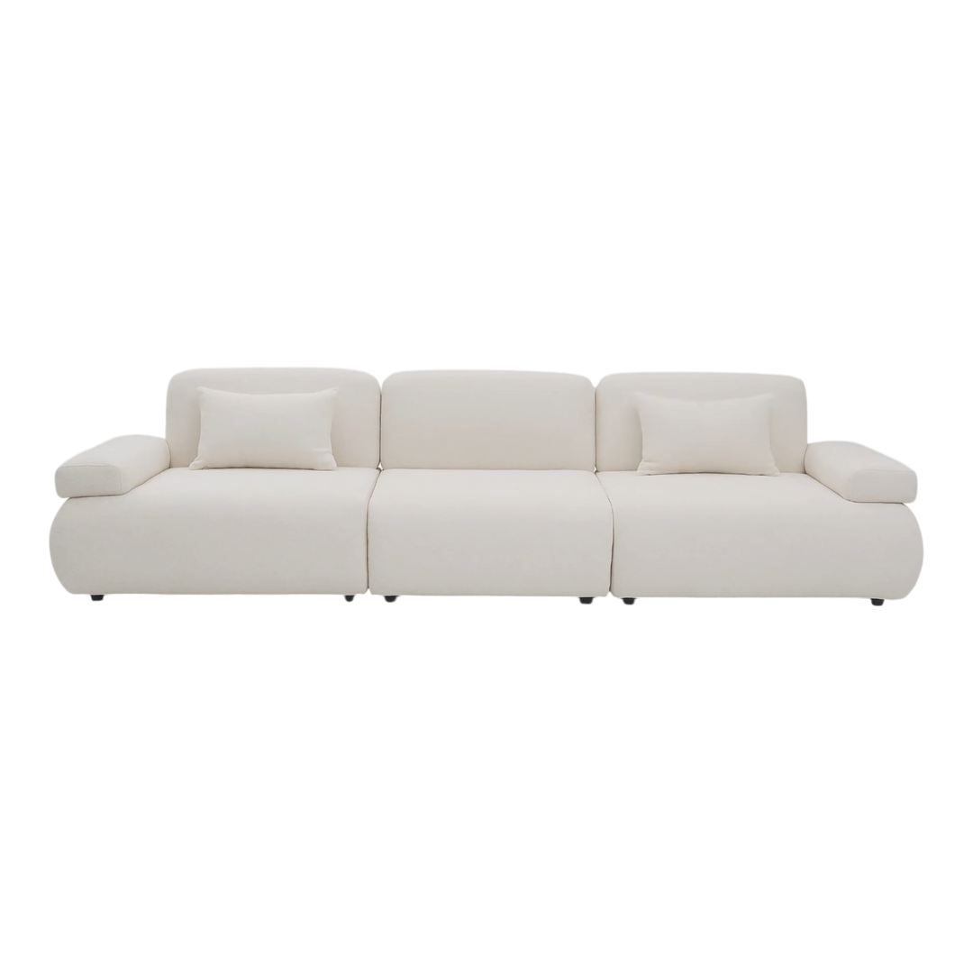 Three-seater sofa with plush cushions and modern design, ideal for living room seating and relaxation.