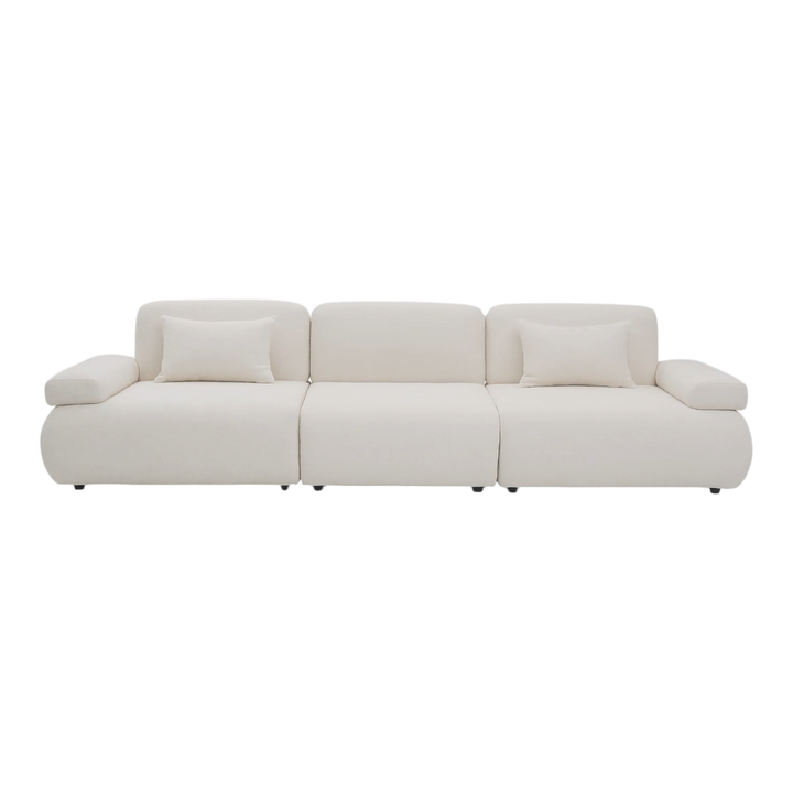 Three-seater sofa with plush cushions and modern design, ideal for living room seating and relaxation.