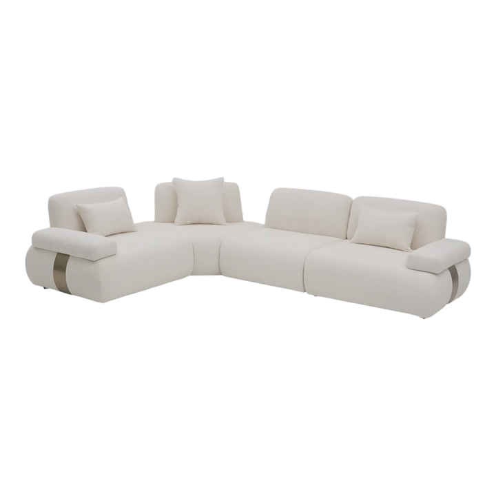 A modern corner sofa with plush cushions and fabric upholstery, designed for comfortable seating in living rooms.