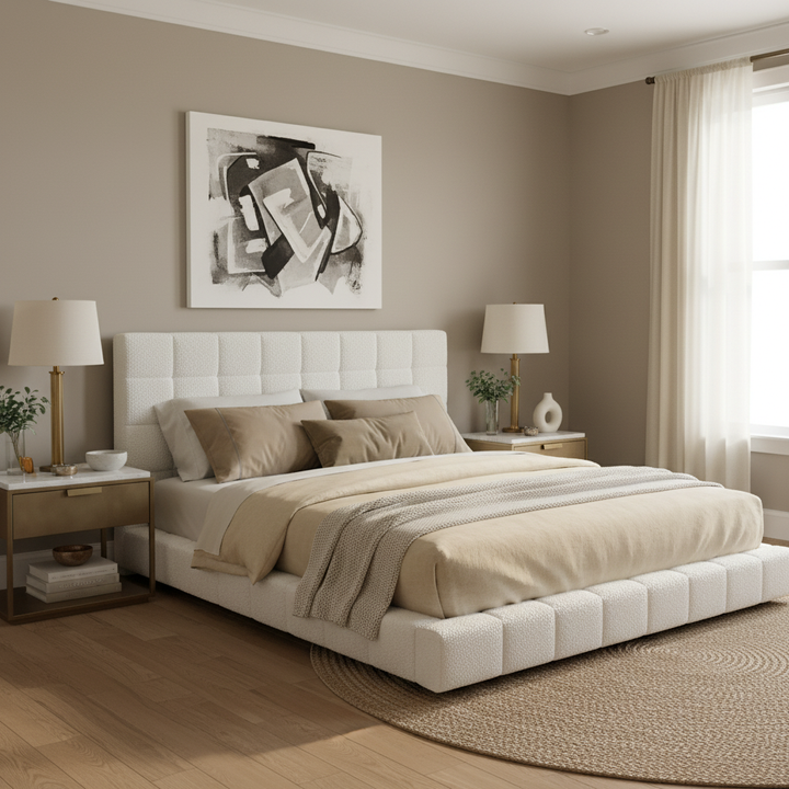 Highlands Queen Bed White Boucle