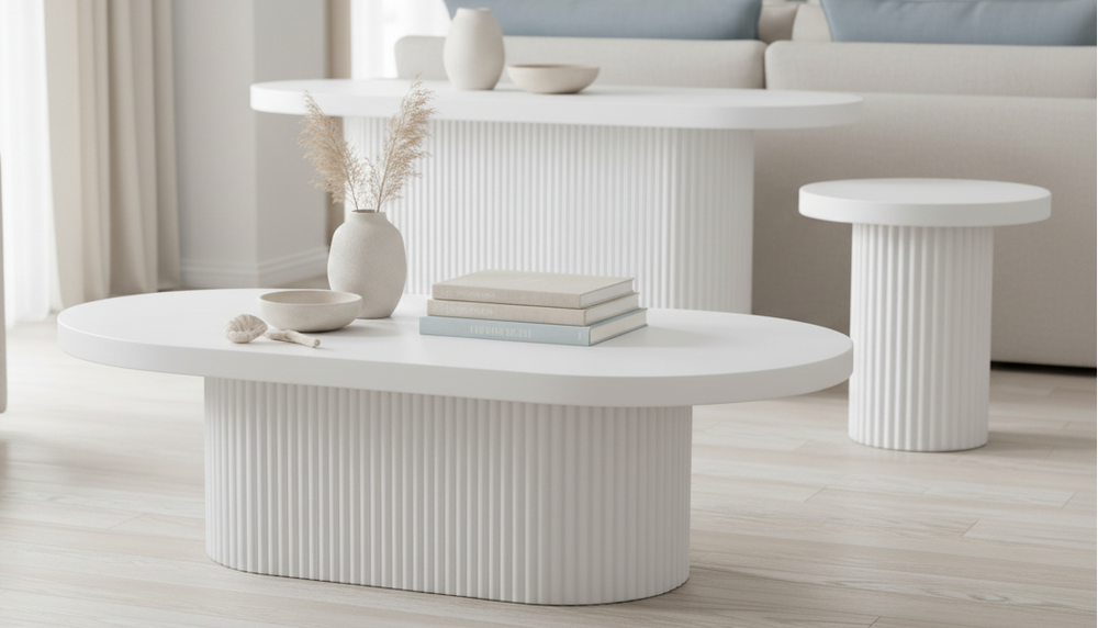 Modern living room with white furniture and decor