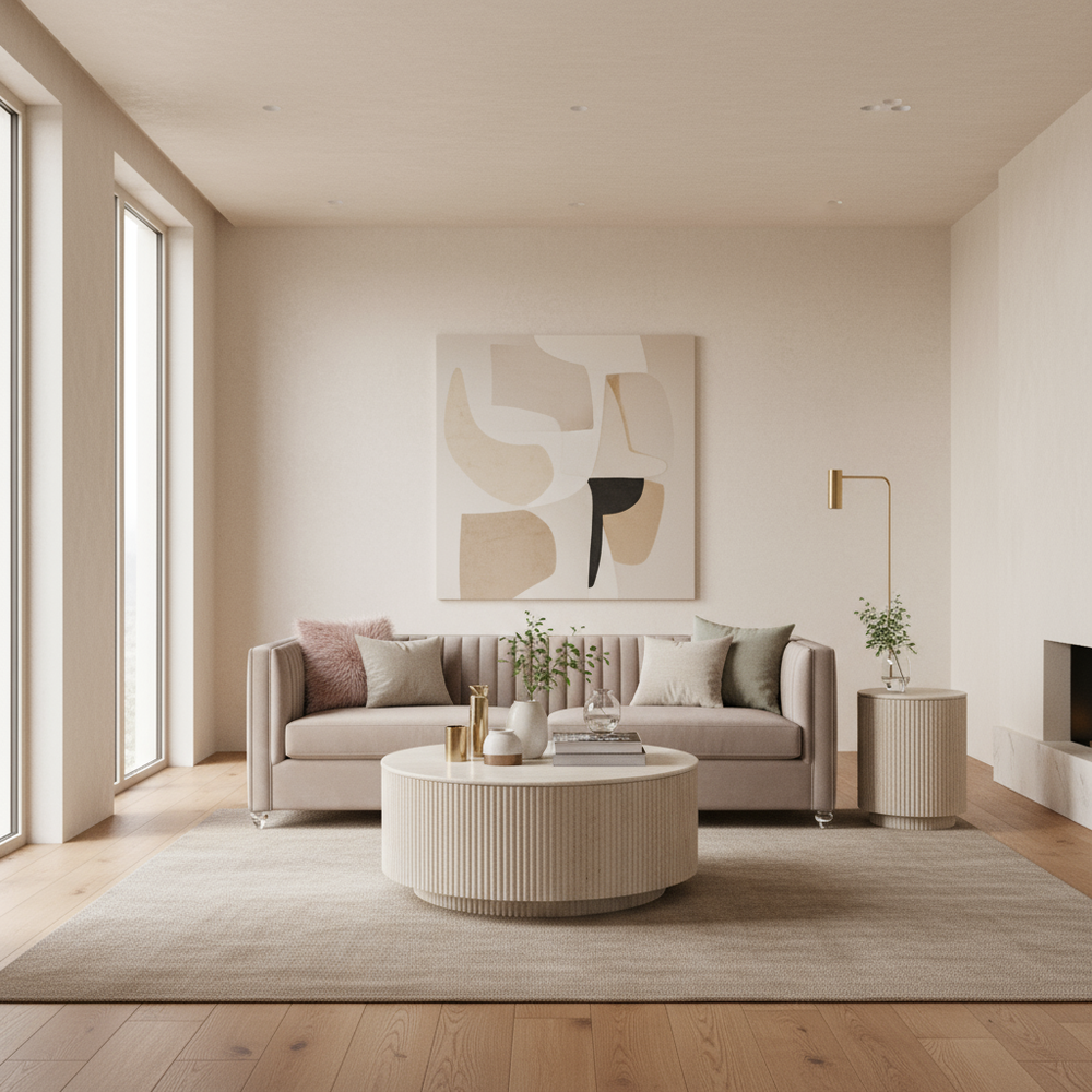 Modern living room with a gray sofa, round coffee table, and abstract art on the wall.