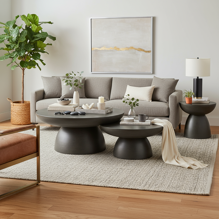 Small Akira coffee table with a sleek, modern design featuring a wooden top and metal legs, perfect for contemporary living rooms.