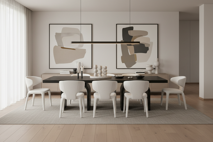 Modern dining room with a black dining table and white chairs, featuring abstract art on the walls.
