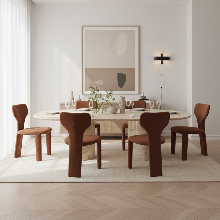 Dining room with a round table and brown chairs, featuring a modern abstract painting on the wall.